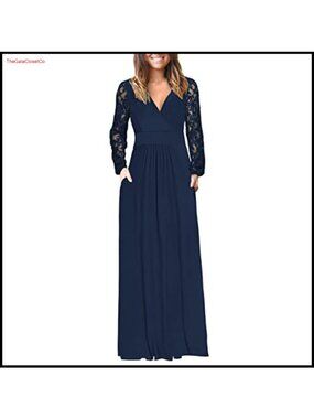 Lace Long Sleeve Maxi Dress V Neck Wrap Formal Party A-Line